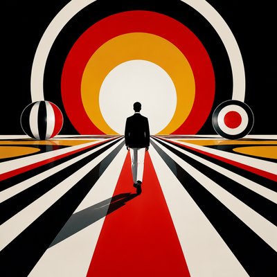 a solitary figure walking toward a glowing horizon across an empty plain, moody atmosphere, no text or lettering