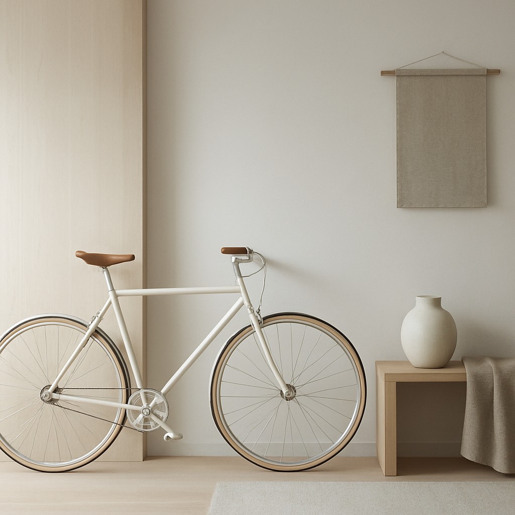 bicyle resting against a wall