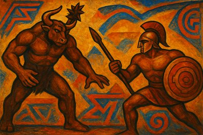 a painting of two men fighting over a shield