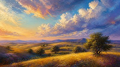 rolling hills with scattered trees under a big dramatic sky, no people