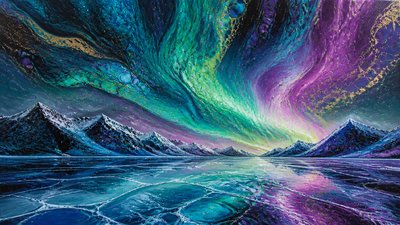 a sweeping aurora over a frozen lake, no people