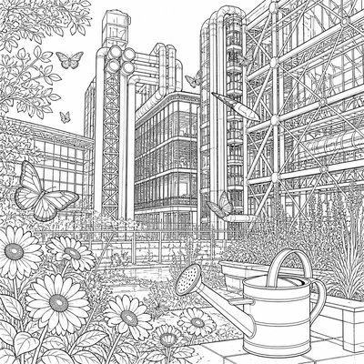 a garden scene with butterflies, flowers and a watering can, clean uncolored line art, no text