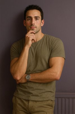 a man leaning against a wall with his hand on his chin