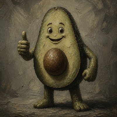 a happy avocado character giving a thumbs up, bold readable design on a plain background, no text