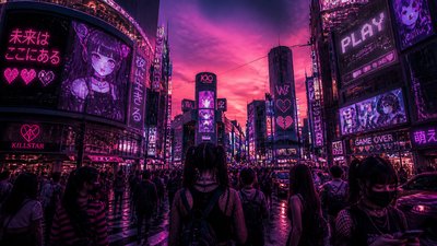 bustling city street panorama at dusk