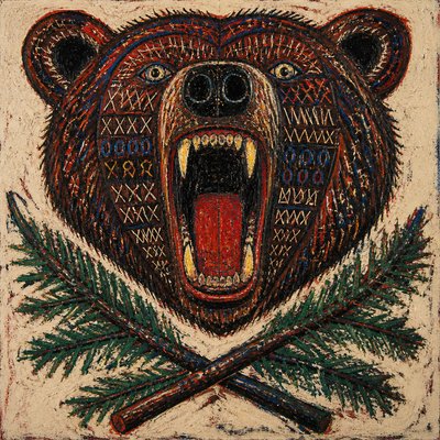 a roaring bear head above crossed pine branches, bold graphic composition on a plain background, no text