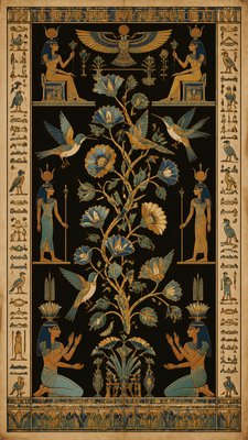 a climbing vine of flowers and hummingbirds on a dark background, tall wrapping composition, no text