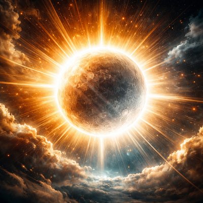 Ancient celestial vision: the blazing sun unites with a translucent moon, the moon rendered almost invisible, swallowed by the sun's overwhelming radiance yet delicately outlined as a glass, beams of divine light pouring through, the moon spiritual symbolism of hidden union and concealed intimacy, ethereal golden and silver tones, sun and moon the same size, golden rays enveloping a dark transparent moon.