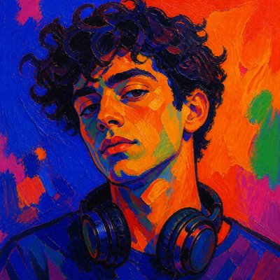 head-and-shoulders portrait of an original character: a young man with curly dark hair and headphones around his neck, plain backdrop, no text