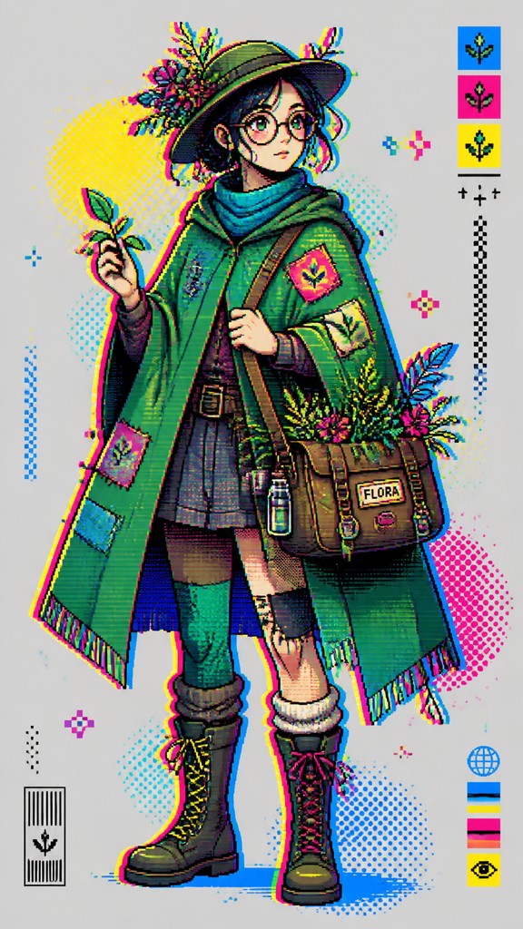 full-body original character: a wandering botanist with a satchel of plants, a patched green cloak, tall boots and round glasses, neutral background