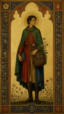 full-body original character: a wandering botanist with a satchel of plants, a patched green cloak, tall boots and round glasses, neutral background