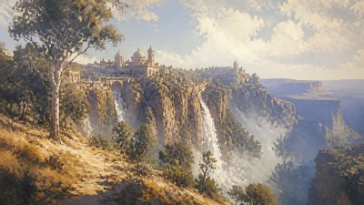 a cliffside city with waterfalls cascading into a misty canyon, wide establishing shot, no people, no text