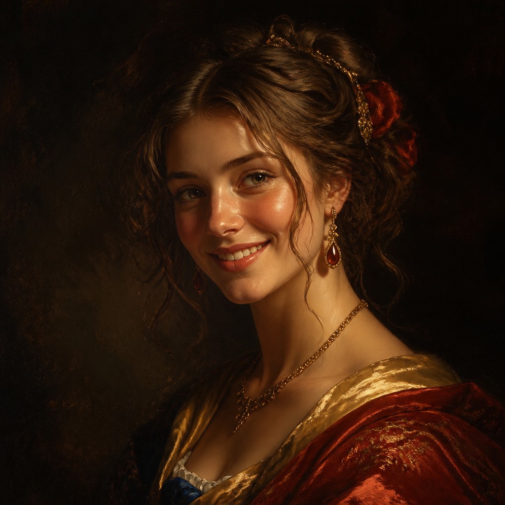 head-and-shoulders portrait of an original character: a young woman with wavy chestnut hair and a warm smile, plain soft backdrop