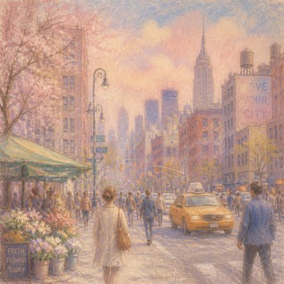 urban street with city activity — Pastel Art Style