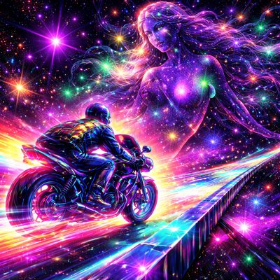 Psychedelic Rotoscope Animation Style, Vibrant Neon Pop-Art, Kinetic 80s Synthwave Aesthetic. A high-energy, multi-colored cosmic chase scene rendered in frenetic, hand-drawn strokes.

The Rider & Bike: The "Take On Me" hero is hunched over his motorcycle, but instead of graphite, he and the bike are composed of glowing electric-blue and hot-pink outlines. His leather jacket shimmers with iridescent "oil-slick" colors. As the bike tears forward, it leaves behind a shimmering rainbow exhaust trail that ribbons across the dark sky.

The Ecliptic & Virgo: They are riding along the Ecliptic, which is depicted as a glowing, multi-colored crystalline highway cutting through space. In the background, the constellation Virgo is a colossal, majestic goddess made of swirling violet nebulae, emerald star-clusters, and golden stardust. Her hair flows like a galactic aurora, filling the frame with a kaleidoscope of saturated colors.

The Atmosphere: The blackness of space is replaced with a deep indigo and magenta gradient, crowded with exploding supernovas, prismatic stars, and neon lens flares. Every line should look like a vibrating, colorful energy stroke, creating a scene that is "loud," bright, and intensely colorful.