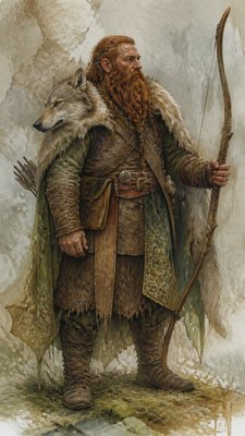 full-body original character: a dwarven ranger with a braided auburn beard, worn leather armor, a longbow and a wolf-pelt cloak, neutral background, no text