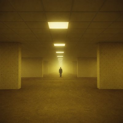 a solitary figure walking toward a glowing horizon across an empty plain, moody atmosphere, no text or lettering