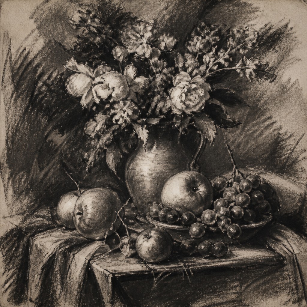 still life arrangement of fruits and flowers
