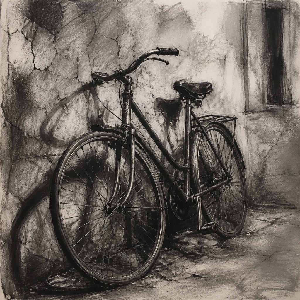 bicyle resting against a wall