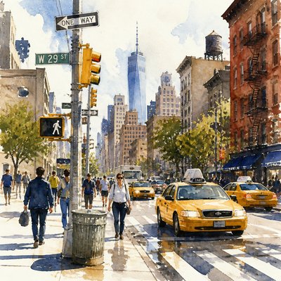 urban street with city activity — Watercolor Painting Style