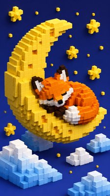 a sleeping baby fox curled on a crescent moon among soft stars, gentle and warm, no text