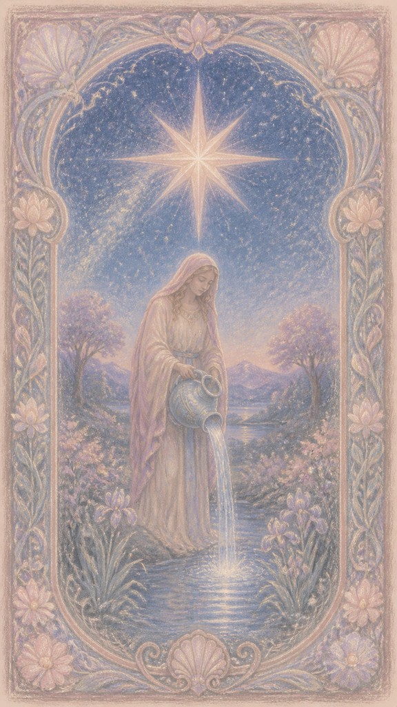 a robed figure pouring water beneath a large eight-pointed star in a night sky, symmetrical composition with an ornate decorative border, no text