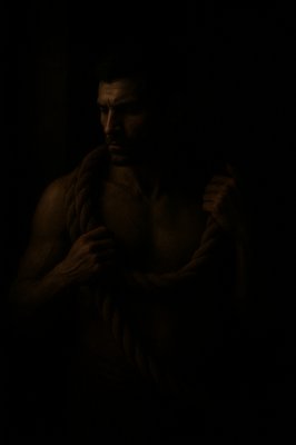 a man holding a rope in the dark