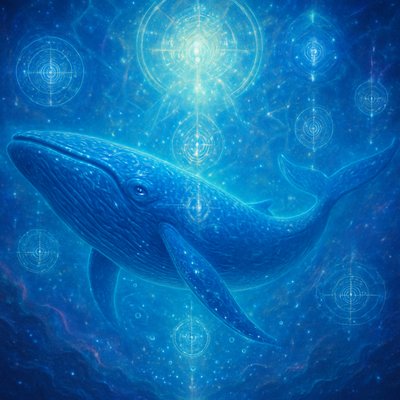 a majestic blue whale gliding, glowing deep blues and silvers, soft sunlight from above, glistening delicate bubbles.