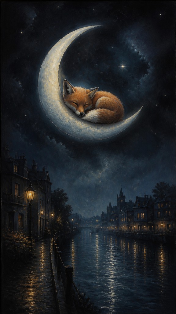 a sleeping baby fox curled on a crescent moon among soft stars, gentle and warm, no text