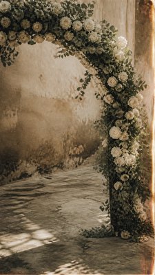 an arch of white roses and eucalyptus in soft morning light, elegant vertical composition with open space, no text