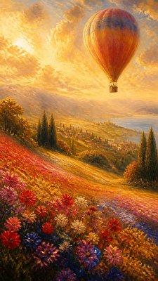 a hot air balloon drifting over rolling flower fields on a sunny day, cheerful, no text