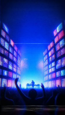 a live music scene with a glowing stage and silhouetted crowd, energetic vertical composition with open space at the top, no text