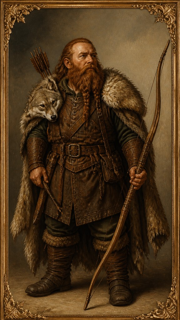 full-body original character: a dwarven ranger with a braided auburn beard, worn leather armor, a longbow and a wolf-pelt cloak, neutral background, no text