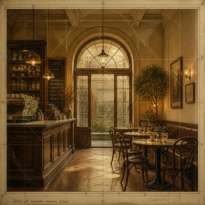 cozy cafe interior with warm lighting