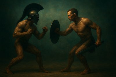 a painting of two men fighting with each other