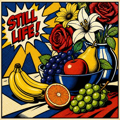 still life arrangement of fruits and flowers