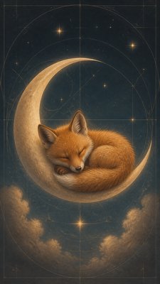 a sleeping baby fox curled on a crescent moon among soft stars, gentle and warm, no text