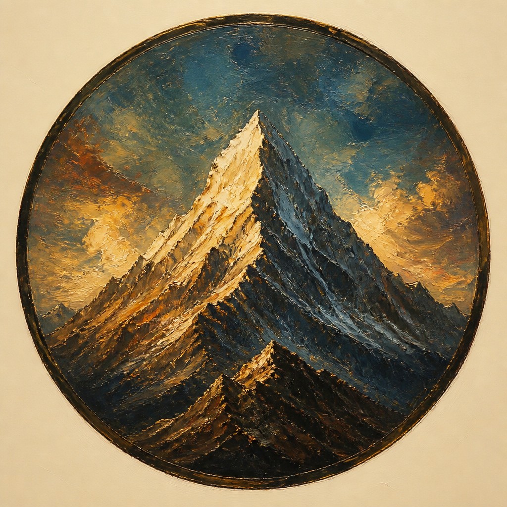 an emblem of a mountain peak inside a circle, simple bold shapes on a plain background, no text or lettering