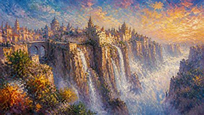 a cliffside city with waterfalls cascading into a misty canyon, wide establishing shot, no people, no text