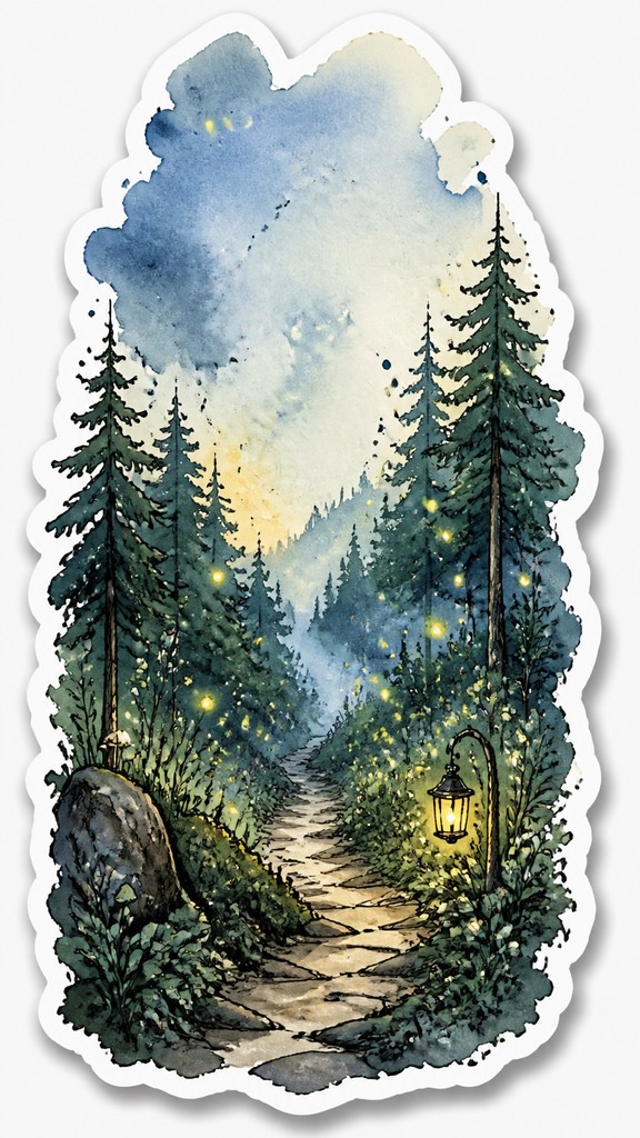 a mysterious forest path with fireflies and drifting mist, atmospheric vertical composition with open space at the top, no text