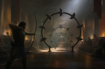 Odysseus shoots with bow and arrow through several rings made by axes in the hall surrounded by the Queen's  suitors