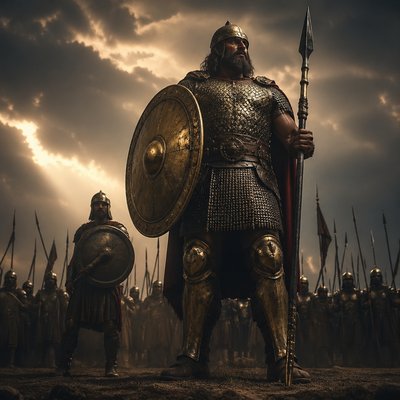 “And there went out a champion out of the camp of the Philistines, named Goliath, of Gath, whose height was six cubits and a span. And he had an helmet of brass upon his head, and he was armed with a coat of mail; and the weight of the coat was five thousand shekels of brass. And he had greaves of brass upon his legs, and a target of brass between his shoulders. And the staff of his spear was like a weaver's beam; and his spear's head weighed six hundred shekels of iron: and one bearing a shield went before him.” (1 Samuel 17:4-7, KJV)

