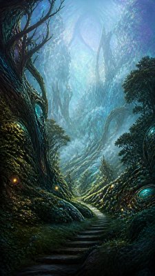 a mysterious forest path with fireflies and drifting mist, atmospheric vertical composition with open space at the top, no text