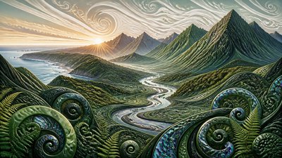 a vast valley with a river winding toward distant mountains at sunrise, no people, no text