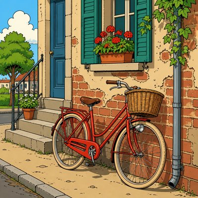 a red bicycle with a wicker basket resting against a weathered brick wall, no people