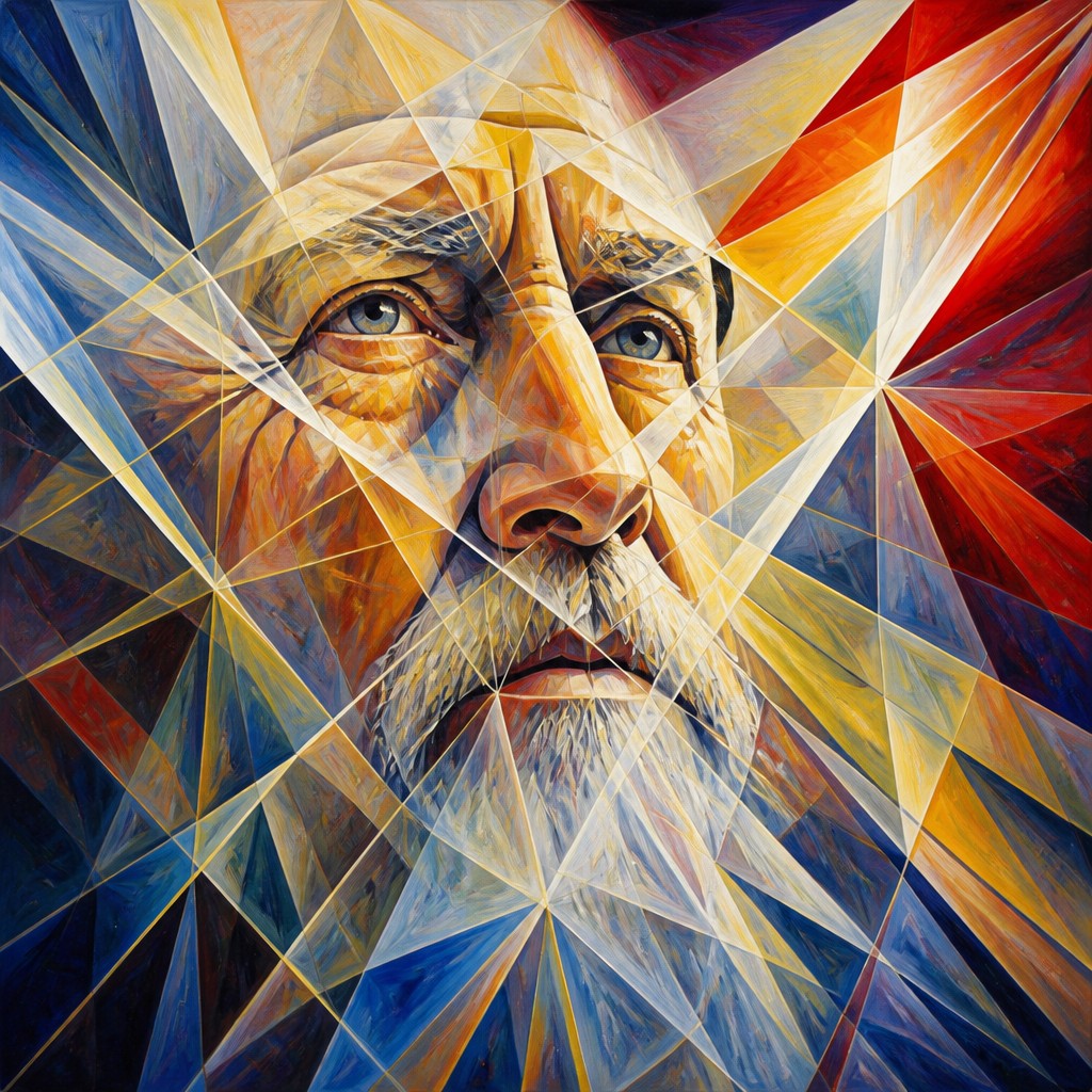 close-up portrait of an elderly person with expressive weathered features — Rayonism Art Style