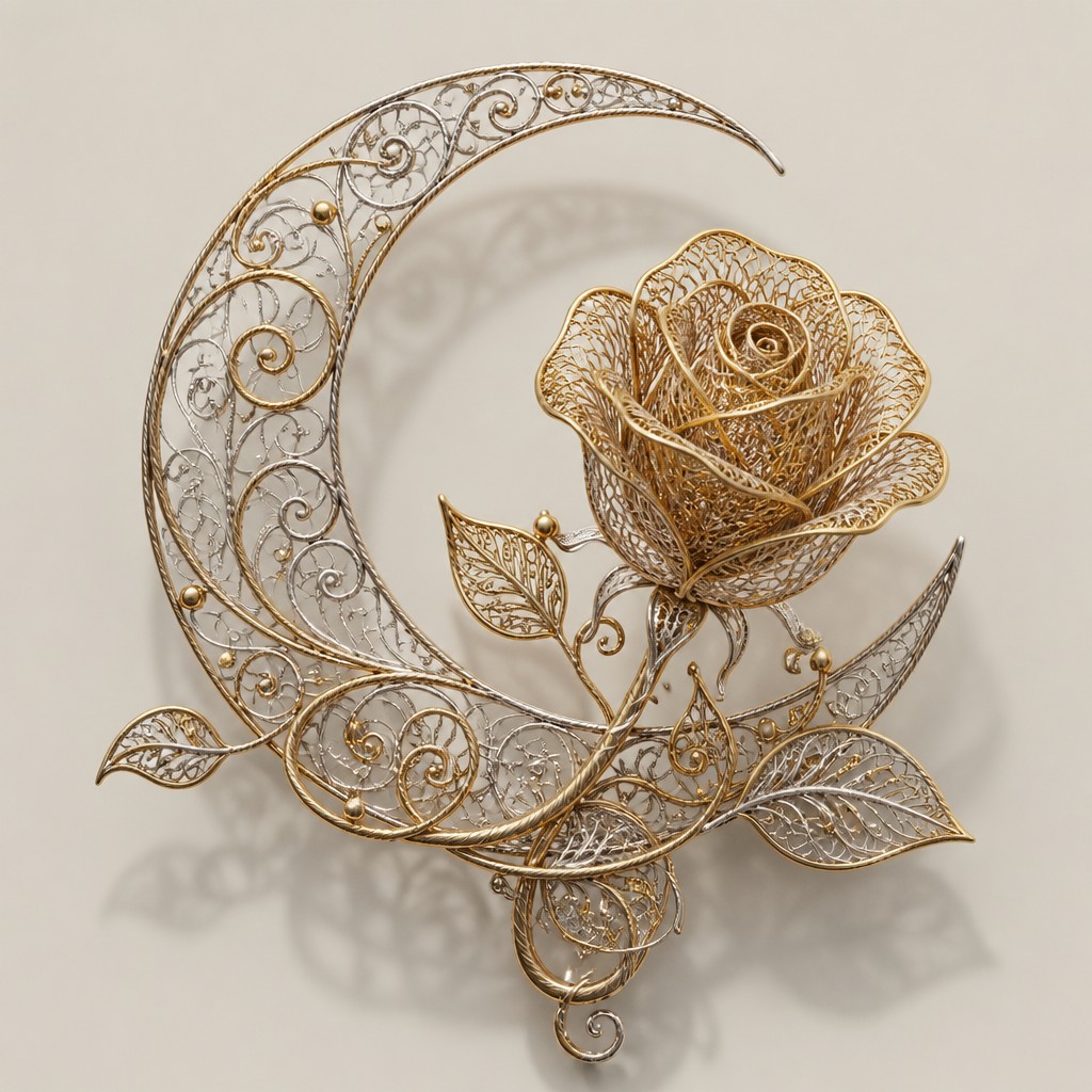 a rose entwined with a crescent moon, clean balanced composition on a plain background, no text
