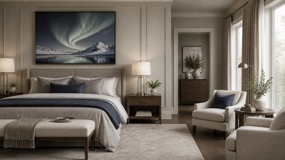 a flowing aurora over snowy peaks, wide sweeping composition, no people, no text