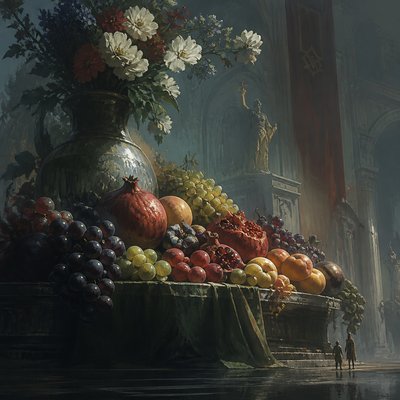 still life arrangement of fruits and flowers