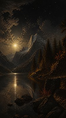 a tranquil mountain lake beneath a starry night sky, no people, no text